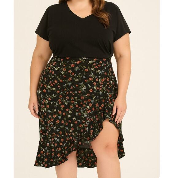Shein Curve plus size skirt asymmetrical floral print high slit ruffle trim 0XL - Picture 1 of 8